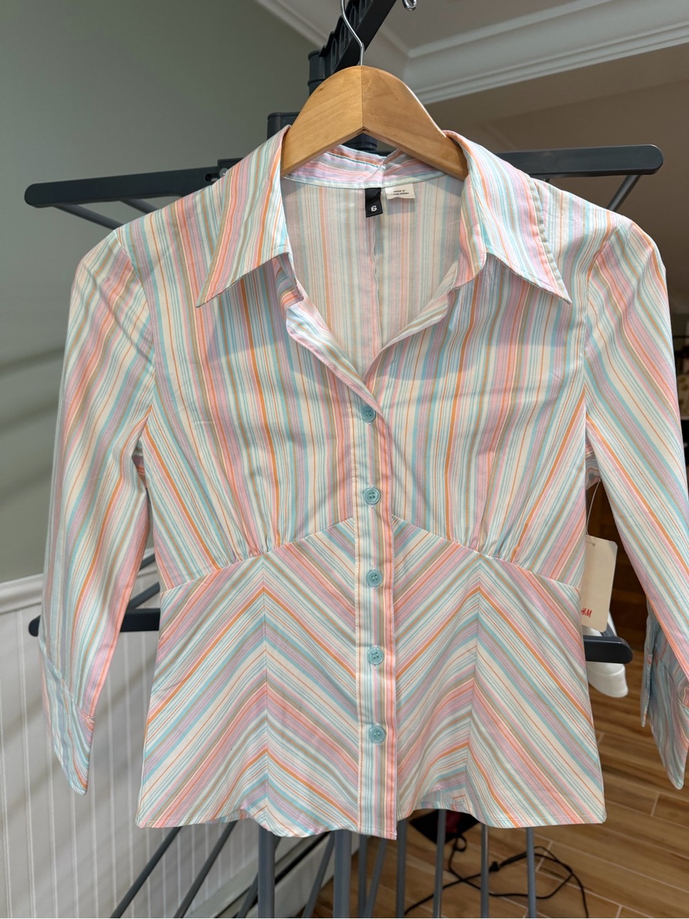 NWT Vintage Y2K HM Pastel Striped Button Down Shirt Pastel Pink Blue Size 6⁠